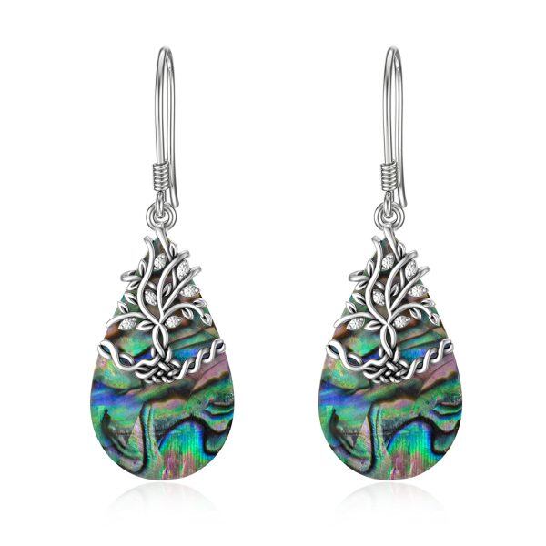 Sterling Silver Abalone Shell and Crystal Silver Plated Celtic Tree of Life Dangle Drop Earrings-0