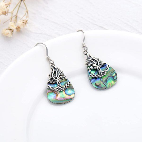 Sterling Silver Abalone Shell and Crystal Silver Plated Celtic Tree of Life Dangle Drop Earrings-1