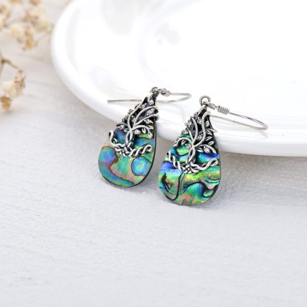 Sterling Silver Abalone Shell and Crystal Silver Plated Celtic Tree of Life Dangle Drop Earrings-2