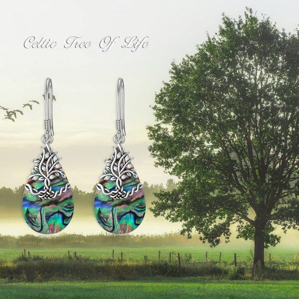 Sterling Silver Abalone Shell and Crystal Silver Plated Celtic Tree of Life Dangle Drop Earrings-5