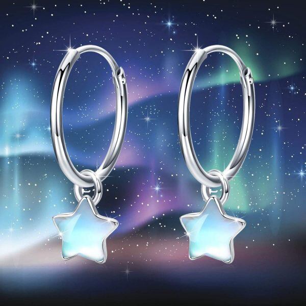 Sterling Silver Moonstone Silver Plated Star Hoop Earrings -5