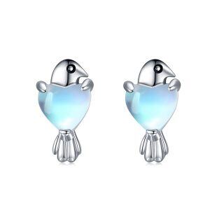 Sterling Silver Moonstone Silver Plated Hummingbird Bird Heart Stud Earrings -0