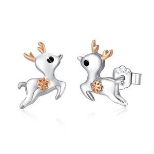 Sterling Sliver Zircon Two Tone Color Deer Stud Earrings -0