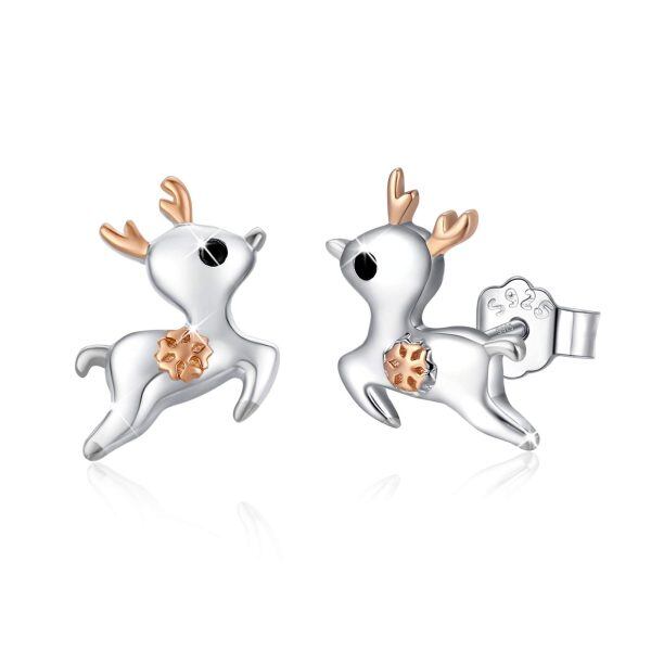 Sterling Sliver Zircon Two Tone Color Deer Stud Earrings -0