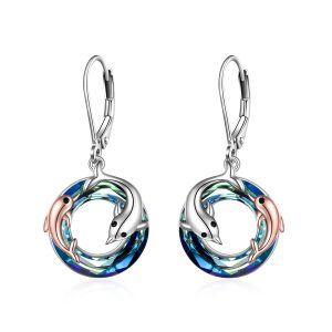 Sterling Silver Crystal Rhodium And Rose Gold Plated Dolphin Earrings-0