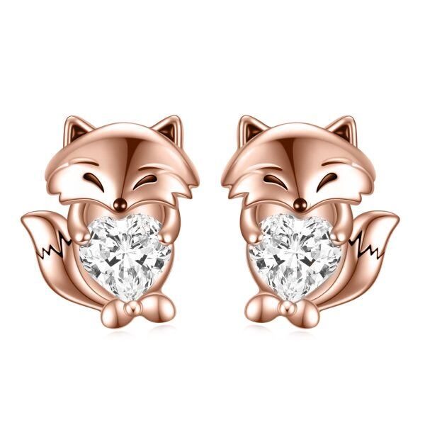 Sterling Silver Zircon Rose Gold Plated Fox Earrings-0