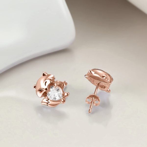 Sterling Silver Zircon Rose Gold Plated Fox Earrings-1