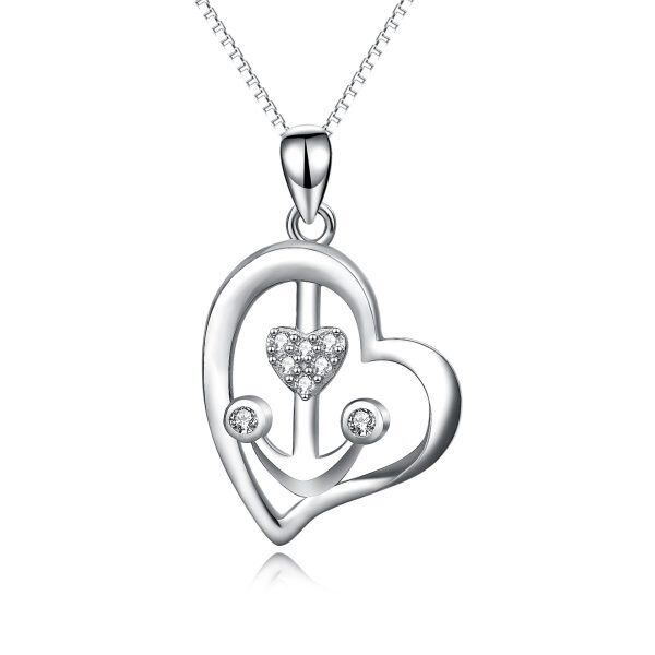 Sterling Silver Zircon Rhodium Plated Anchor Heart Necklace-0