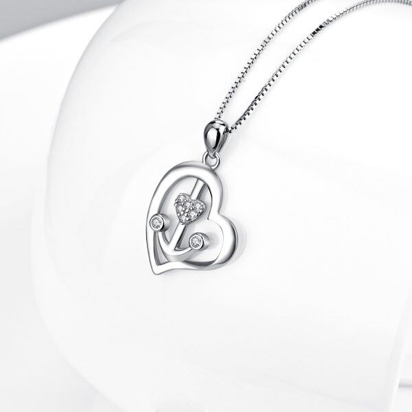 Sterling Silver Zircon Rhodium Plated Anchor Heart Necklace-1