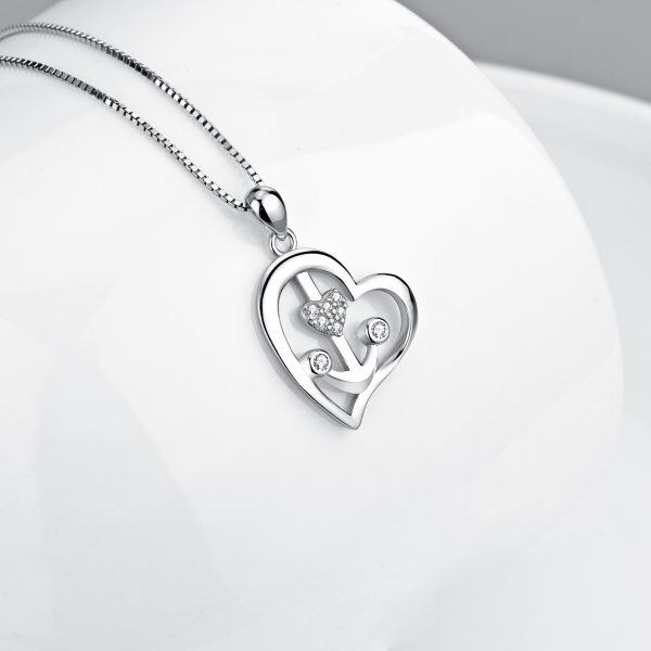 Sterling Silver Zircon Rhodium Plated Anchor Heart Necklace-2