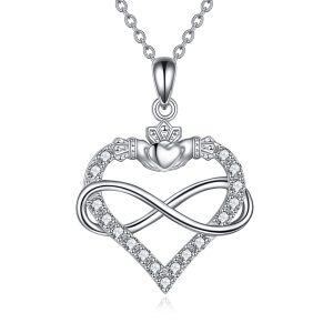 Sterling Silver Zircon Rhodium Plated Claddagh Necklace-0