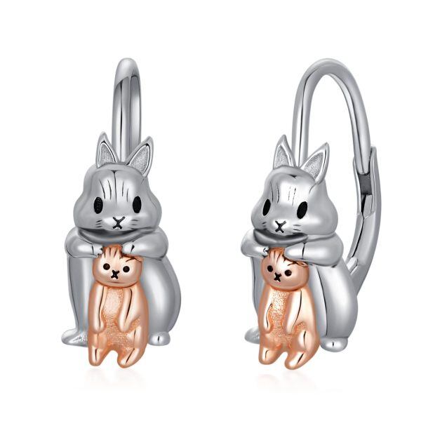 Sterling Silver Rhodium And Rose Plated Bunny Cat Earrings-0