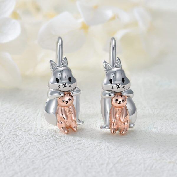 Sterling Silver Rhodium And Rose Plated Bunny Cat Earrings-2