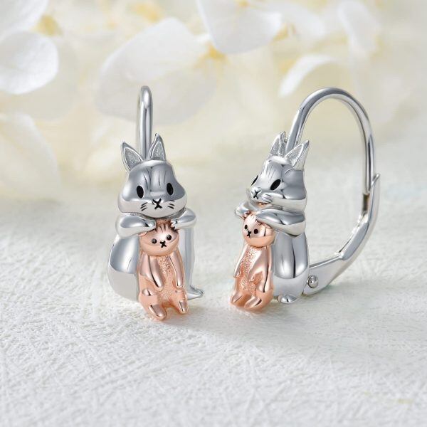 Sterling Silver Rhodium And Rose Plated Bunny Cat Earrings-3