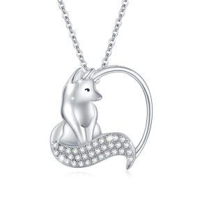 Sterling Silver Zircon Rhodium Plated Fox Necklace-0