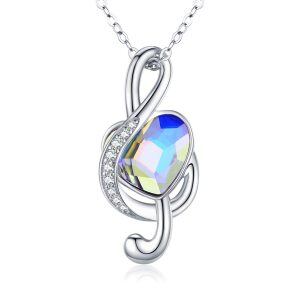 Sterling Silver Crystal Silver Plated Music Note Treble Clef Pendant Necklace-0