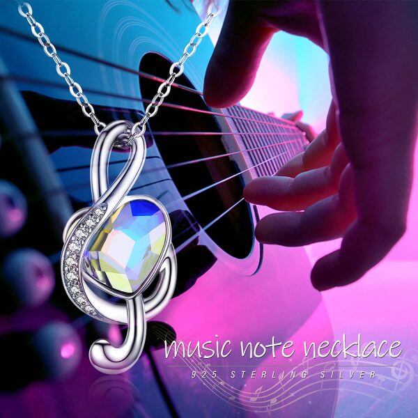 Sterling Silver Crystal Silver Plated Music Note Treble Clef Pendant Necklace-3