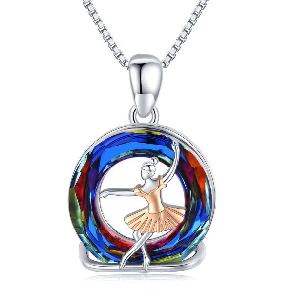 Sterling Silver Crystal Two Tone Color Ballet Gymnastics Pendant Necklace-0