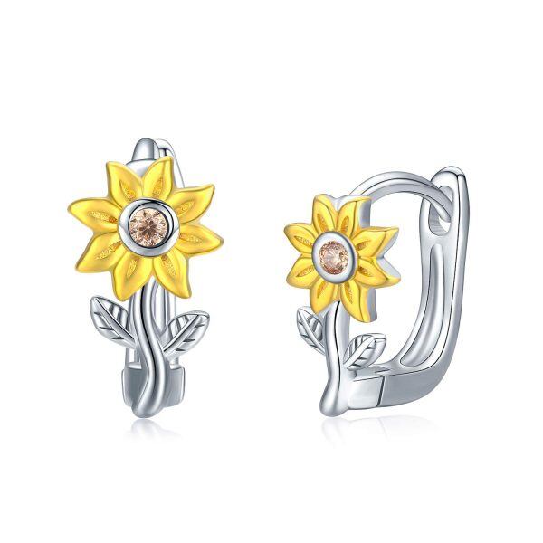 Sterling Silver Zircon Two Tone Color Sunflower Hoop Earrings -0