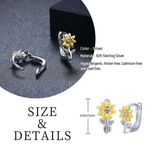 Sterling Silver Zircon Two Tone Color Sunflower Hoop Earrings -4