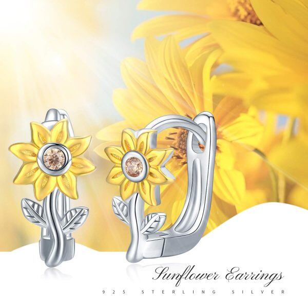 Sterling Silver Zircon Two Tone Color Sunflower Hoop Earrings -6