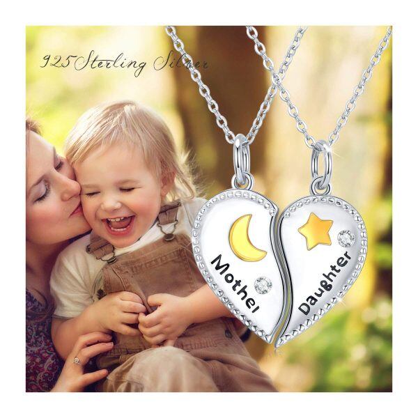 Sterling Silver Zircon Two Tone Color Mother Daughter Pendent Necklace-3