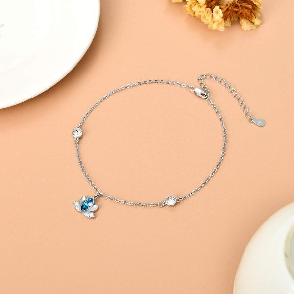 Sterling Silver Blue Crystals Lotus Anklets Bracelets -2