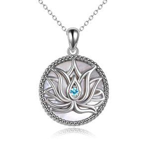 Sterling Silver Zircon Silver Plated Yoga Lotus Flower Pendant Necklace -0