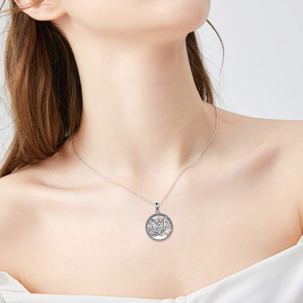 Sterling Silver Zircon Silver Plated Yoga Lotus Flower Pendant Necklace -5