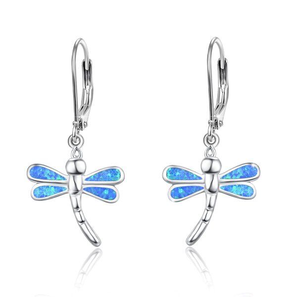 Sterling Silver Opal Rhodium Plated Dragonfly Earrings-0