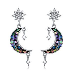 Sterling Silver Zircon and Crystal Silver Plated Moon & Star Dangle Drop Earrings -0