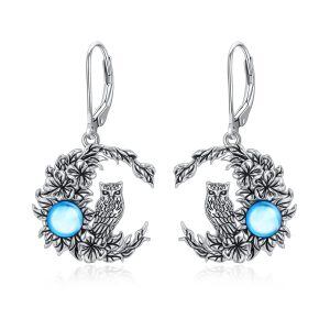 Sterling Silver Vintage Moonstone Oxidized Owl Dangle Earrings-0