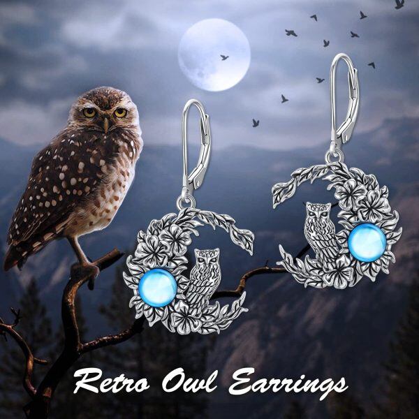 Sterling Silver Vintage Moonstone Oxidized Owl Dangle Earrings-3