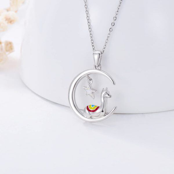 Sterling Silver Opal Silver Plated Cute Alpaca Pendant Necklace-1