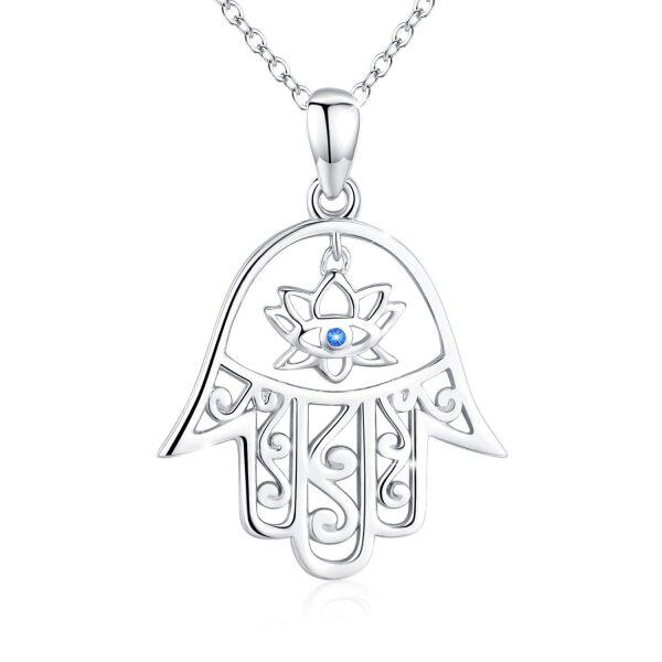 Sterling Silver Zircon Silver Plated Hamsa Good Luck Hand of Fatima Lotus Flower Evil Eye Pendant Necklace -0