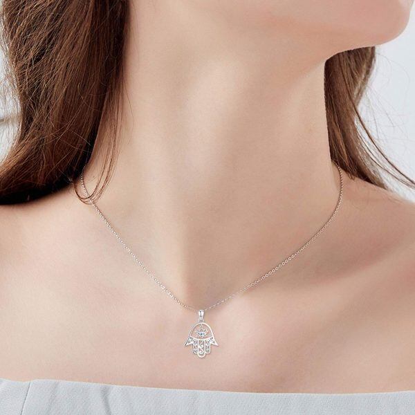 Sterling Silver Zircon Silver Plated Hamsa Good Luck Hand of Fatima Lotus Flower Evil Eye Pendant Necklace -1