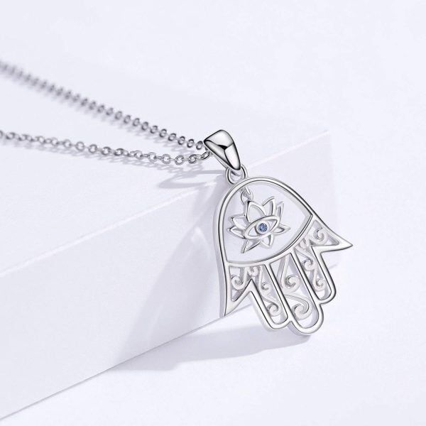 Sterling Silver Zircon Silver Plated Hamsa Good Luck Hand of Fatima Lotus Flower Evil Eye Pendant Necklace -3