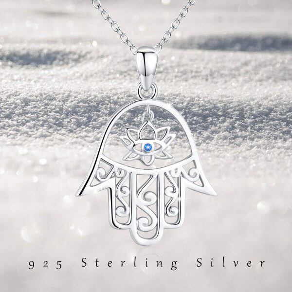 Sterling Silver Zircon Silver Plated Hamsa Good Luck Hand of Fatima Lotus Flower Evil Eye Pendant Necklace -5