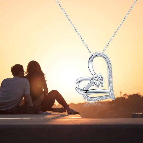 Sterling Silver Zircon Silver Plated Forever Lover Heart Pendant Necklaces-3