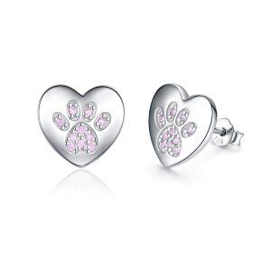 Sterling Silver Zircon Silver Plated Heart Dog Paw Stud Earrings -0