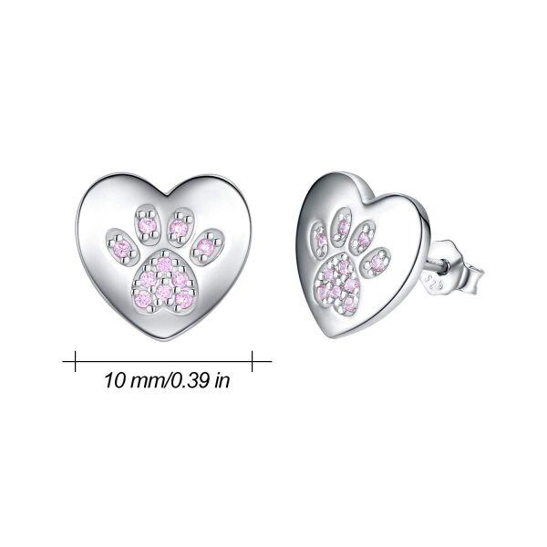 Sterling Silver Zircon Silver Plated Heart Dog Paw Stud Earrings -1