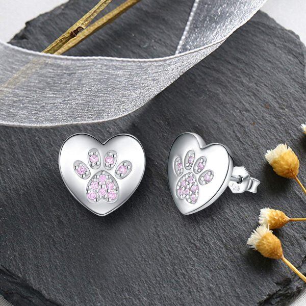 Sterling Silver Zircon Silver Plated Heart Dog Paw Stud Earrings -4