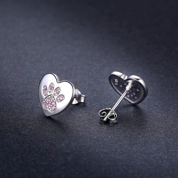 Sterling Silver Zircon Silver Plated Heart Dog Paw Stud Earrings -5