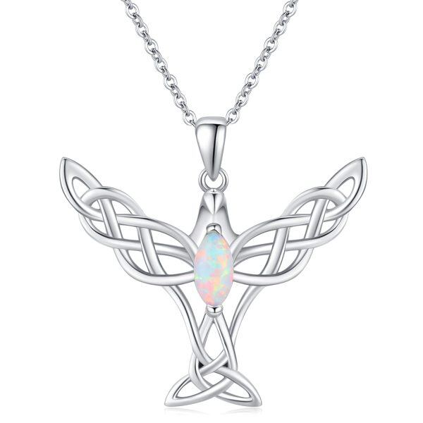 Sterling Silver Opal Silver Plated Celtic Knot Hummingbird Pendant Necklace -0