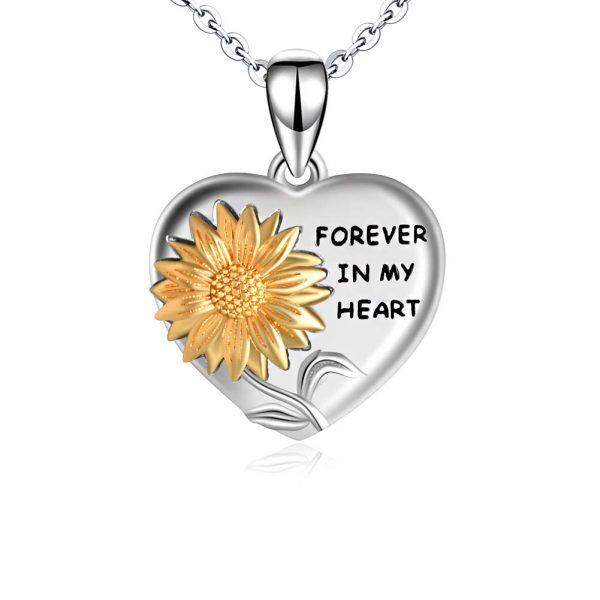 Sterling Silver Two Tone Color Sunflower Forever in My Heart Pendant Necklace-0