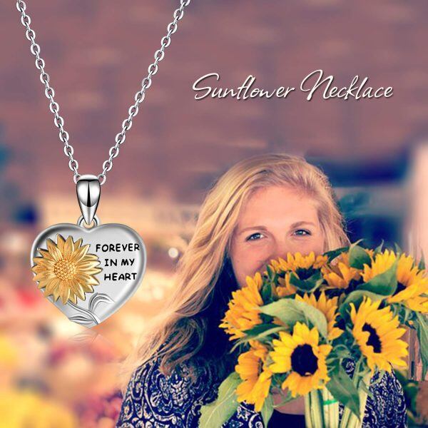 Sterling Silver Two Tone Color Sunflower Forever in My Heart Pendant Necklace-1