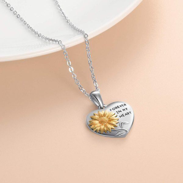 Sterling Silver Two Tone Color Sunflower Forever in My Heart Pendant Necklace-2