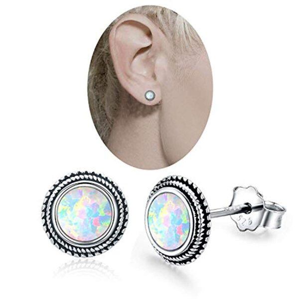 Sterling Silver Opal Silver Plated Moon Earrings-1