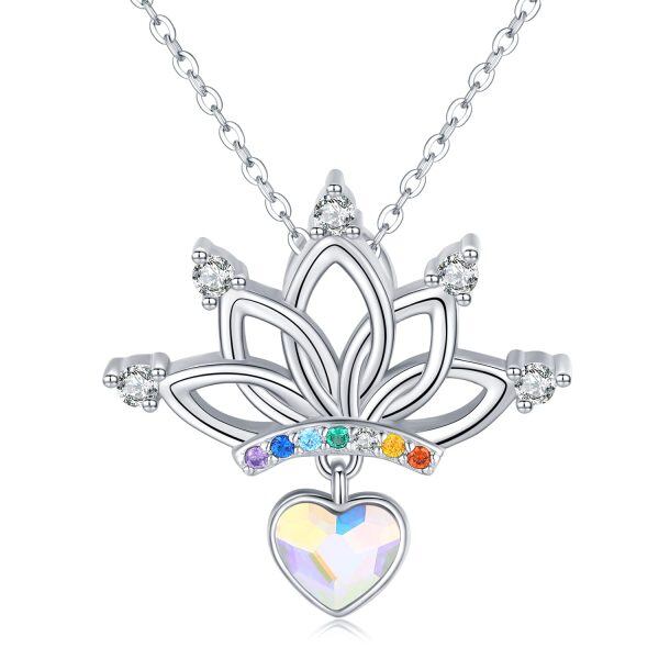 Sterling Silver Zircon and Crystal 7 Chakra Yoga Lotus Flower Pendant Necklace -0