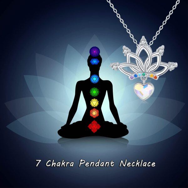 Sterling Silver Zircon and Crystal 7 Chakra Yoga Lotus Flower Pendant Necklace -4